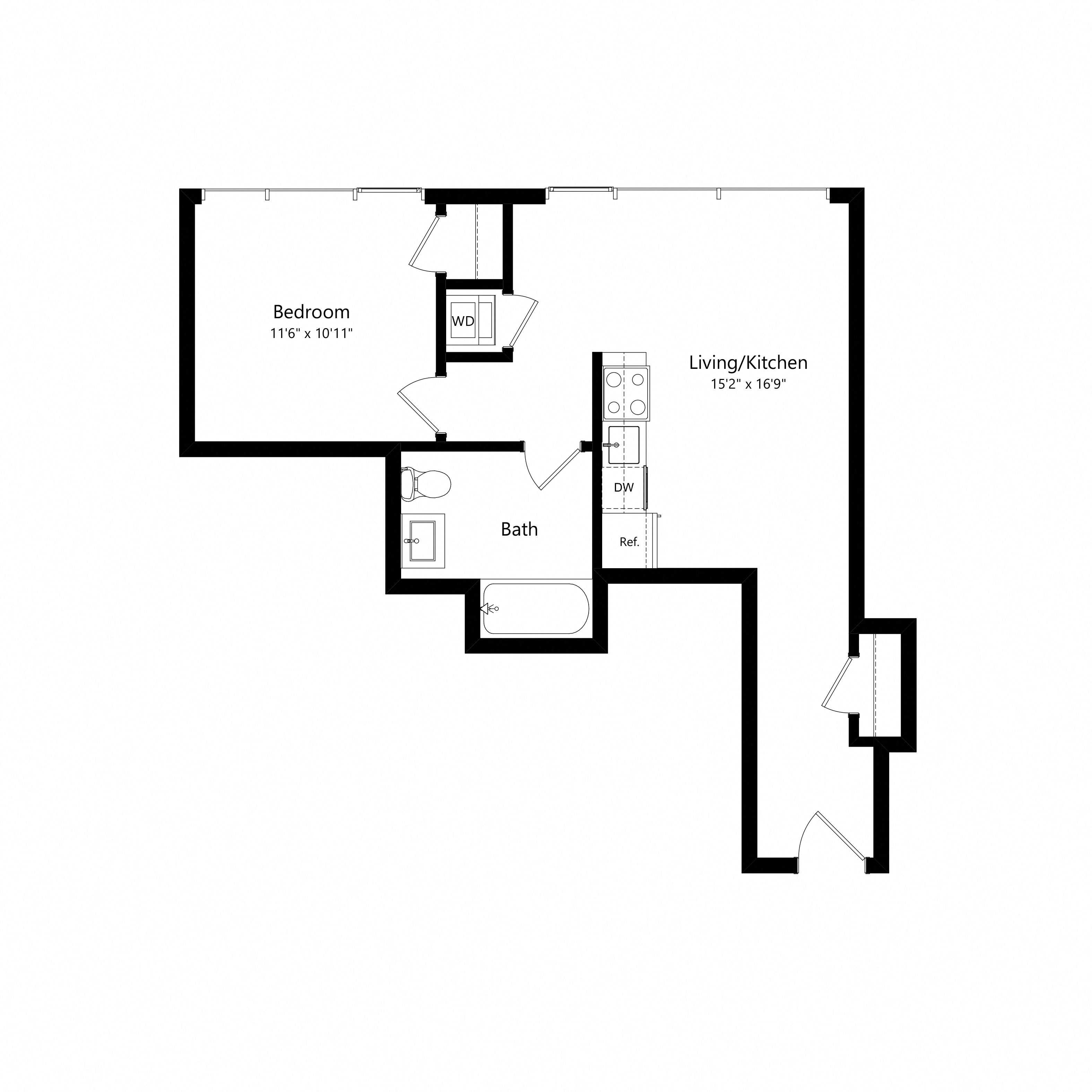 Floor plan for 1 bed, 1 bath, 593 sqft